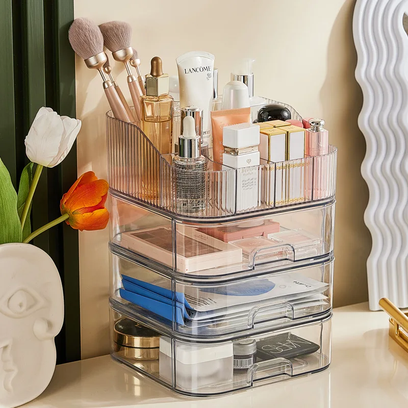 

Transparent Cosmetics Storage Box Large Capacity Desktop Drawer Dormitory Storage Dressing Table Finishing Storage Organizer