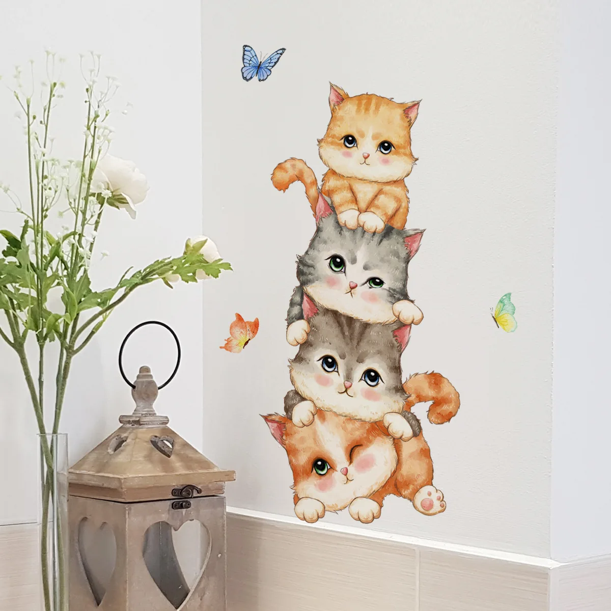 T45# Cartoon Animal Kitten Butterfly Wall Sticker Kids Room Background Home Decoration Mural Living Room Wallpaper Funny Decal