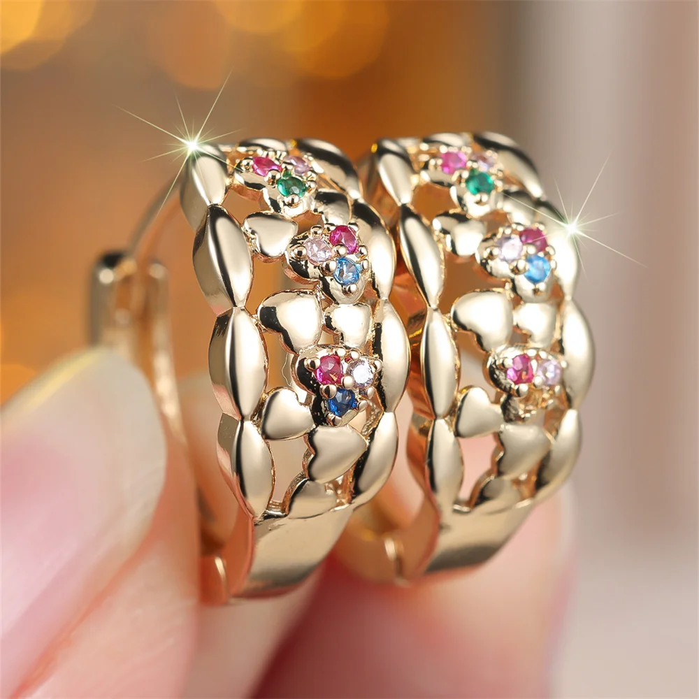 Vintage Hollow Rainbow Crystal Zircon Hoop Earrings For Women Fashion Gold Silver Color Ear Buckle Wedding Jewelry Bridal Gifts