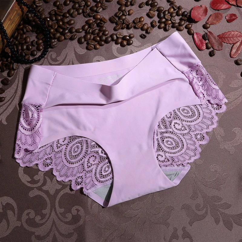 Sexy Lace Seamless Underwear Women'S Panties Soft Comfortable Hollow Splicing Ice Silk Breathable Ladies Briefs Girls Lingerie