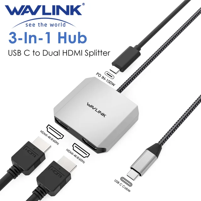 USB-C Thunderbolt V3 (USB Type C, male) to Dual HDMI Adapter - HDMI 4K@60Hz