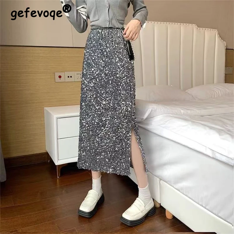 

Autumn Winter Elastic High Waist Elegant Fashion Sequins Bodycon Skirt Female Slim All-match Slit Casual Skirts Women's Clothing