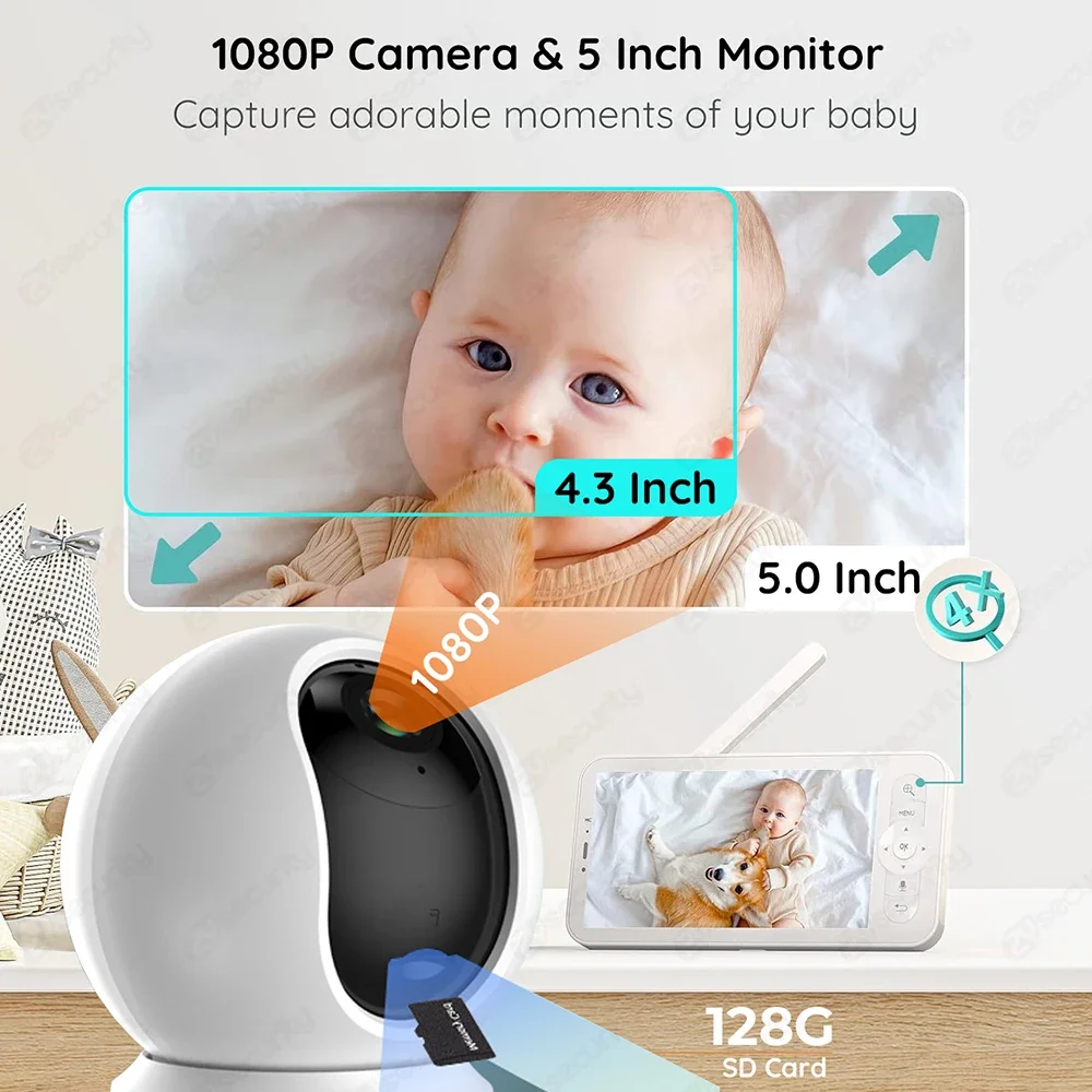 화면 및 앱 포함 와이파이 베이비 모니터, 1080P PTZ 베이비 카메라, 야간 투시경, 양방향 통화 베이비 폰, 울음 감지 보모 카메라, 5 인치