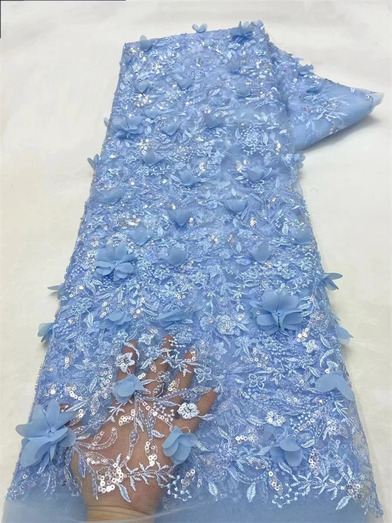 Blue 3d flowers 5 Yards Tulle Lace African Lace Fabric With Beads Embroidery French Mesh Net Lace Fabrics For Wedding Party