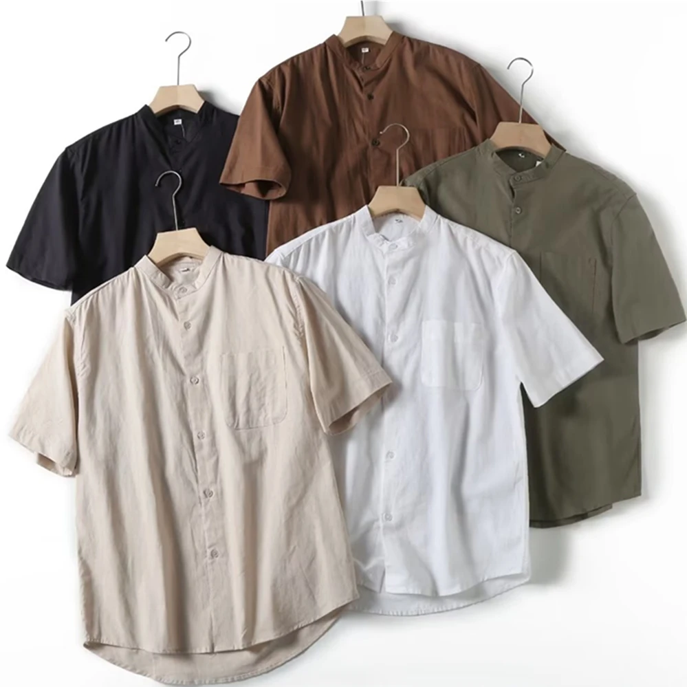 

Withered 2024 Summer Stand Collar Solid Color Cotton Linen Shirt Loose Short Sleeve Shirt Men