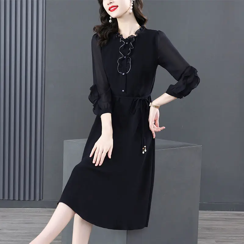 

Early Spring Women's Dress 2023 New Long-sleeved Round-neck Solid Color Patchwork Lace Up Medium and Long Commuter Simple Casual