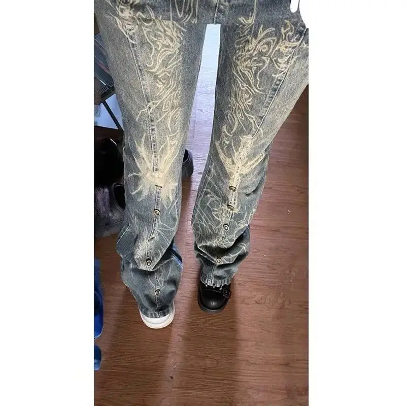 American Wash Old Big Print Micro Flare Jeans Female Retro Spice Beaded Slim Straight Pants High Waist Draped Casual Pants