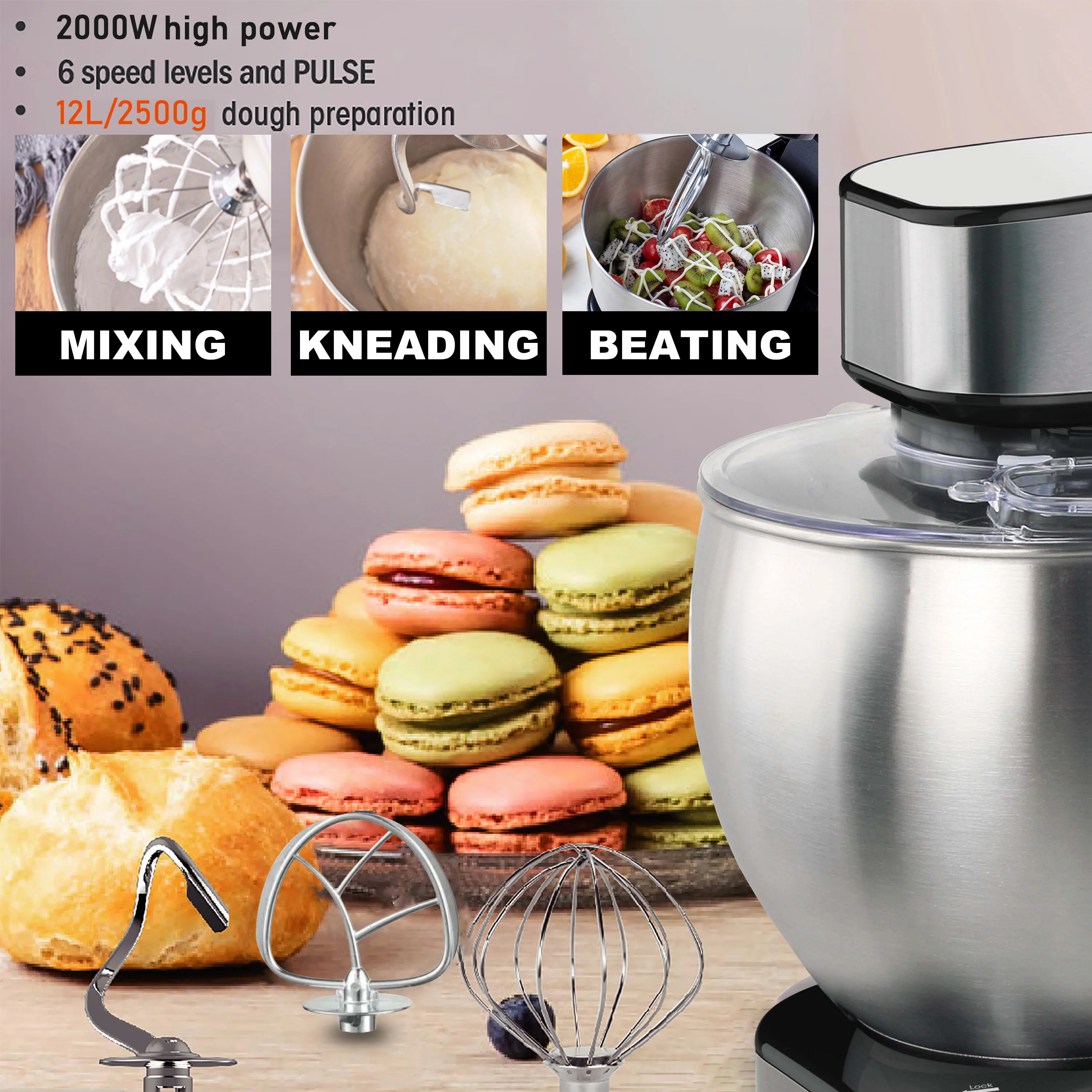 12L Stand Mixer Kitchen Aid Food Blender Cream Whisk Cake Dough Mixers With Bowl Stainless Steel Chef Machine Charm Sonifer 2