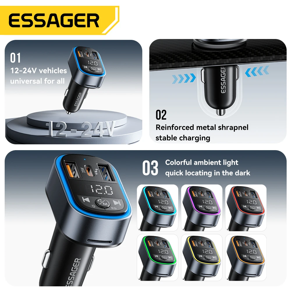 Essager FM Bluetooth5.3 Transmitter 35W USB Type-C Dual Ports PD QC Car Charger Aux Radio MP3 Music Player For TF Card/USB Drive