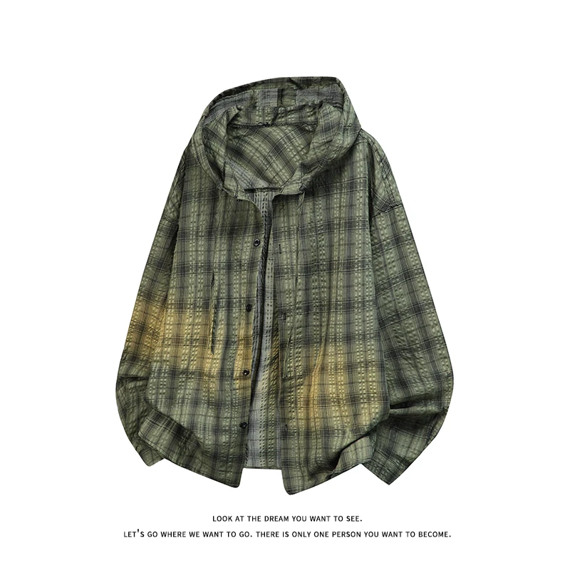 Unisex Plaid Long Sleeve Hooded Shirt Loose Sun Protection Outerwear American Retro Couple's Shirt Jacket Men's Top