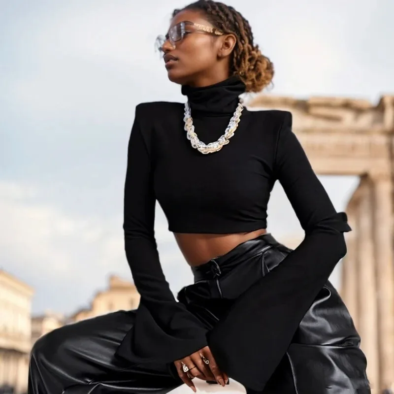 New Autumn Women's Clothing Turtleneck Short Women's Long-sleeved T-shirt Fashionable Sexy Hot Girl Short Top 5958