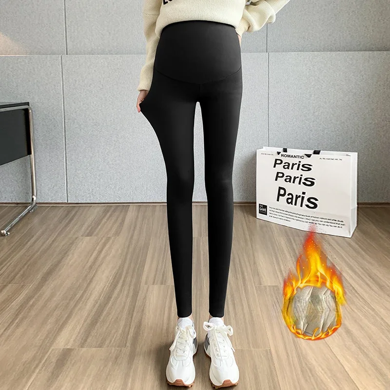 Winter Thick Warm Maternity Trousers High Waist Pregnancy Shark Skin Legging Stretched Skinny Pregnant Woman Fleece Pencil Pants