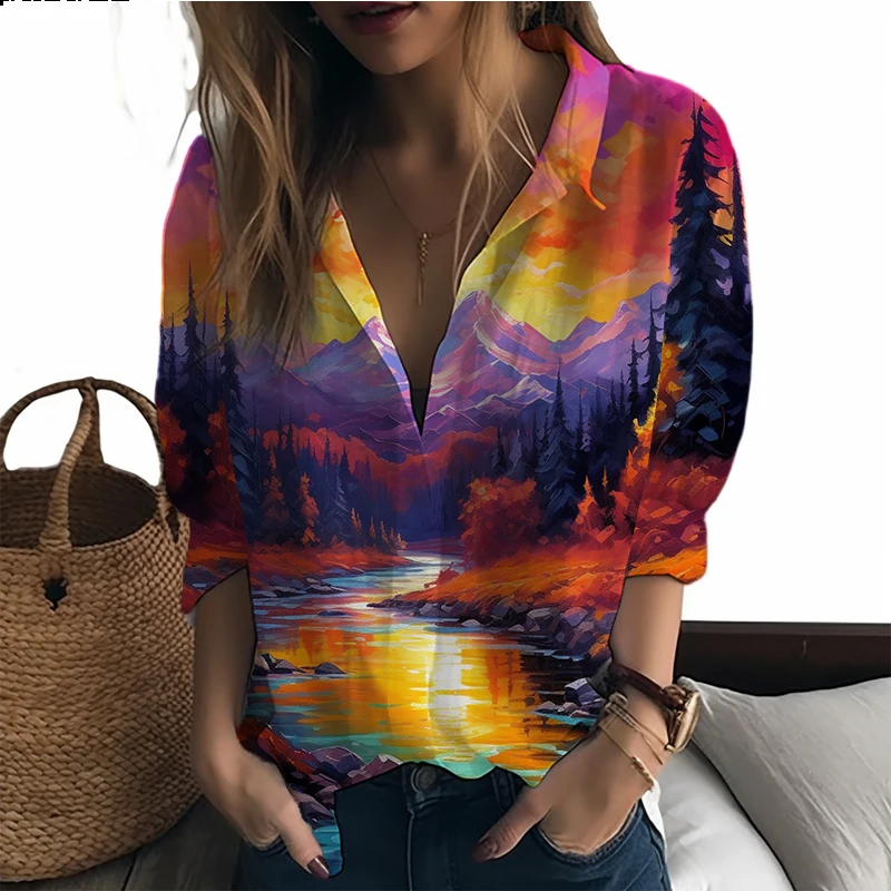 

New Ladies Shirt Fantasy Valley 3D Printing Ms. Shirts Leisure Style Women's Shirts Fashionable Street Loose Lady Ladies Shirts
