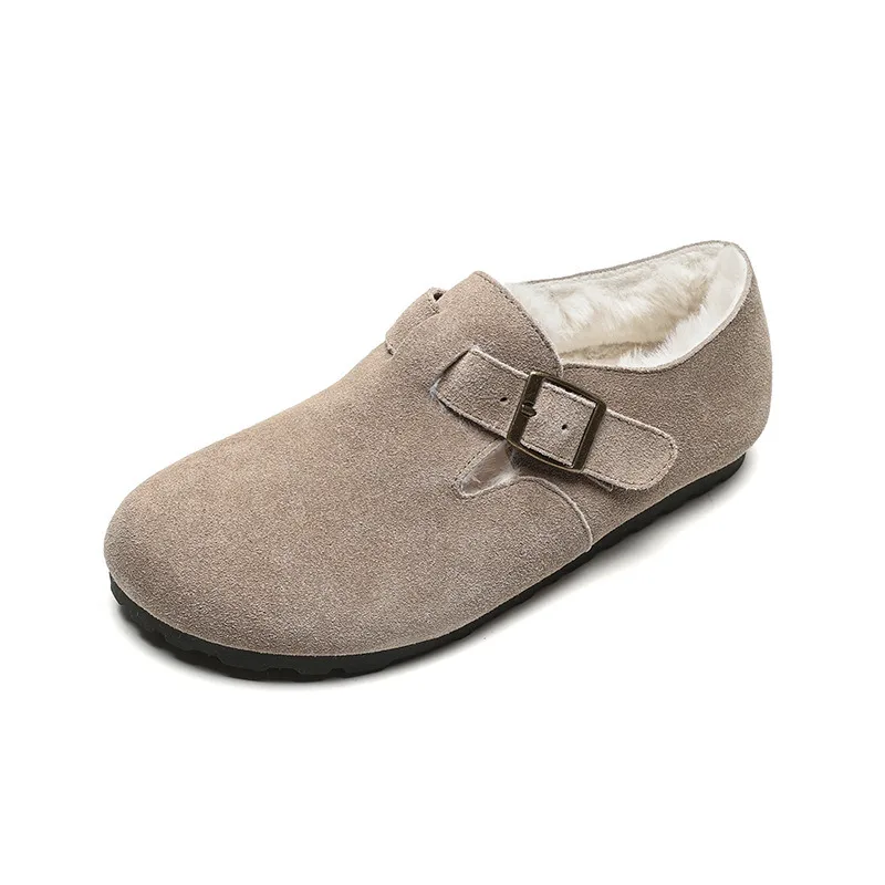 2024 neue Damen-Winter-Outwear aus echtem Leder mit Plüschschuhen, flacher Sohle, One Step Milard Retro-Bucken-Einzelschuhe mit weicher Sohle_voghion.com