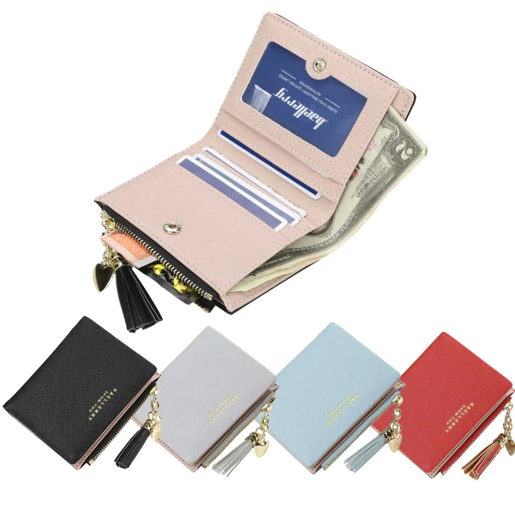 Tassel Colorblock Zipper Buckle Women&rsquo;s Short Wallet Fashion Casual PU Leather Coin Purse Multi-Card Holder