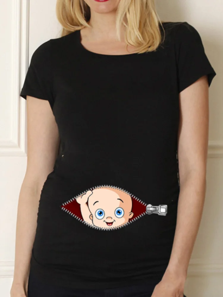 T Shirt V Neck T Shirt Cotton T Shirt Black Pregnancy Shirt Maternity Cute Baby Print O-Neck Short Sleeve T-shirt Pregnant Tops Mom Clothes Baby Announcment Tshirt