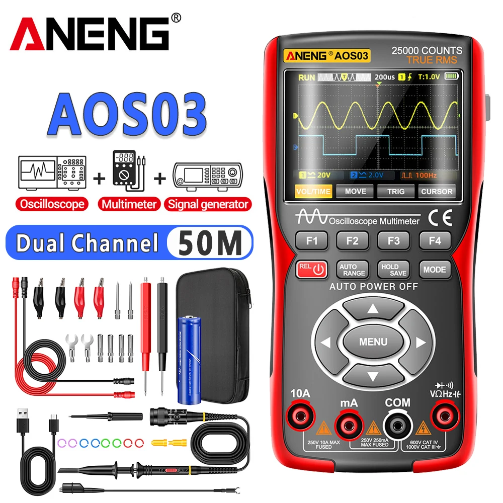 ANENG AOS03 Oscilloscope Multimeter Signal Generator Waveform Output Handheld Battery  LCD Screen Display Multimeter