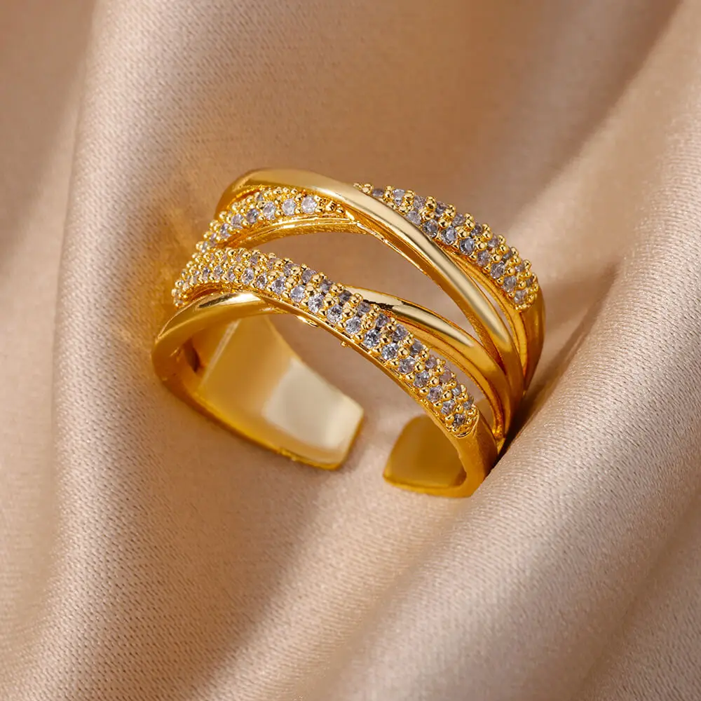 Zircon Double Cross Ring Adjustable Stainless Steel