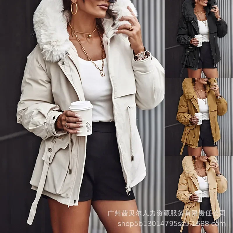 

Turn Down Collar Coat Women Full Sleeve Hooded Thick Warm Fur Collar Solid Jackets Zipper Mid Length Coats Splice Autumn Winter