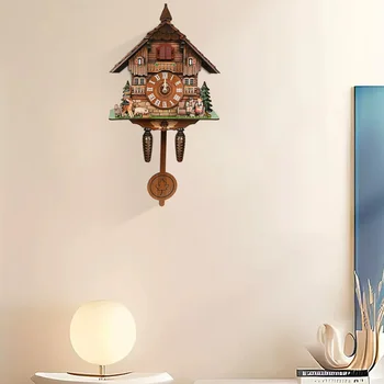 Wooden Cuckoo Clock Multi-Colored Decor,Modern House-Shaped Wall Clock for Home & Office - Battery Powered,Auto-Chime 7:00-21:00 1