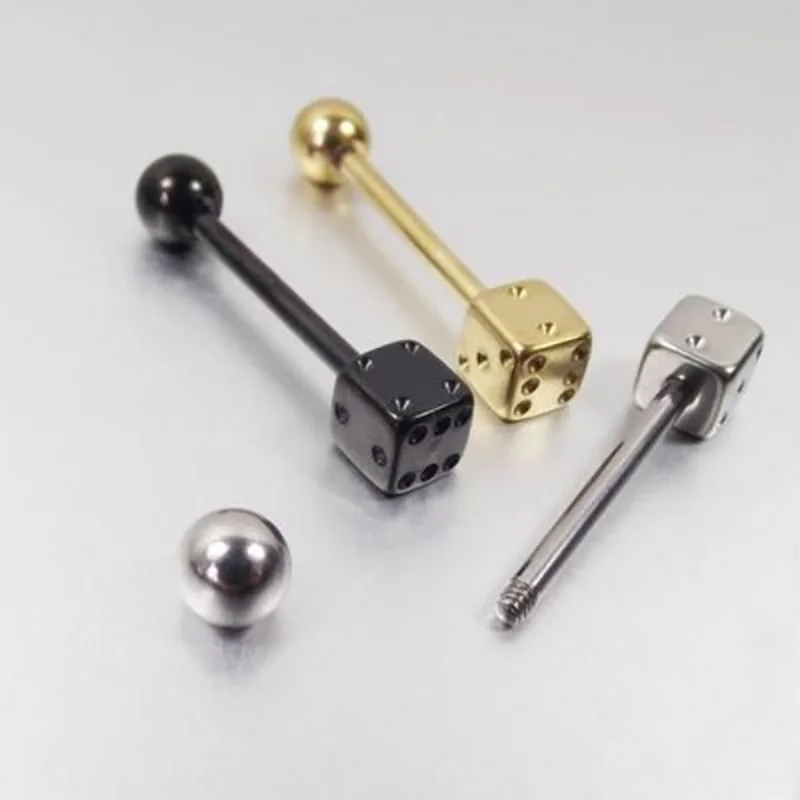 3Colors Stainless Steel Dice Tongue Rings Bars Barbell Tongue Piercing