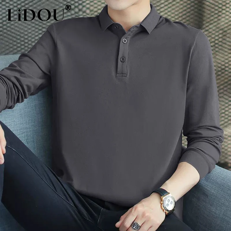 Spring Autumn Fashion Solid Color All Match Long Sleeve Shirt Men Casual Simple Male Clothes Loose Button Polo Neck Pullover