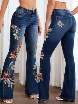 Plus Size Women's Mid Rise Dark Wash Flare Jeans, Colorful Floral Embroidery, High Elastic Vintage Slim Wide Leg Denim Trousers