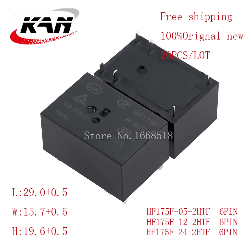 

Free shipping 20pcs relay HF175F-05-2HTF HF175F-12-2HTF HF175F-24-2HTF 5VDC 12VDC 24VDC 16A 277VAC 6PIN Original New