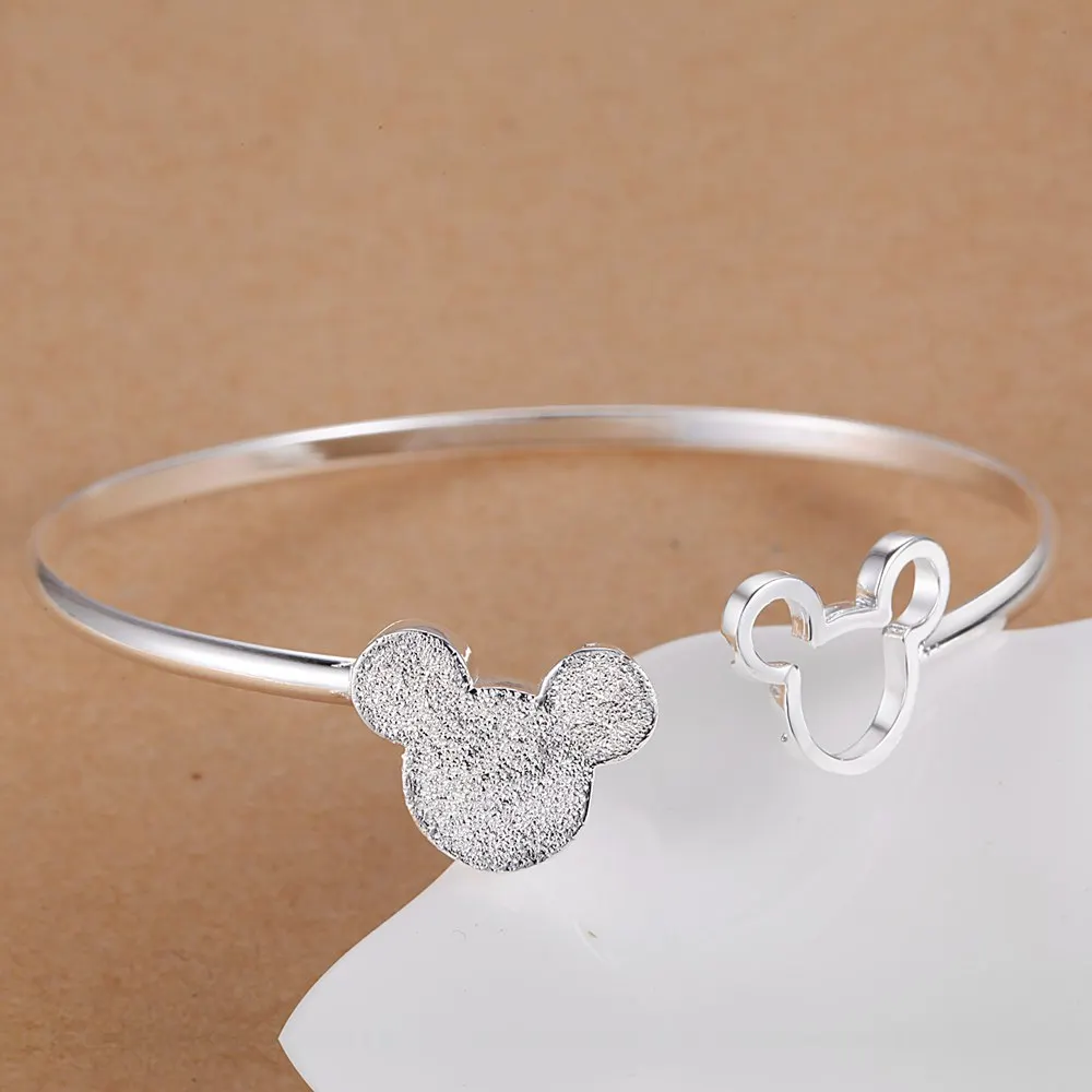 925 Sterling Silver fine Frosted Mickey bangle Bracelets for Women adjustable Fashion Party Wedding Accessories Jewelry Gifts