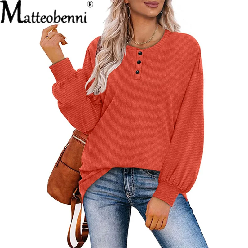 

Women Autumn Puff Long Sleeve T-Shirt Cotton Solid Color Button Collar Female Casual Commuter Wear Ladies Regular Tee Tops