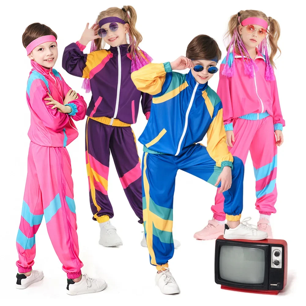 

Boys and Girls 80s Tracksuit Kids Hip Hop Costume Top Pants Sets Outfit Retro Disco Dance Sportswear Blue Pink Baseball Uniform