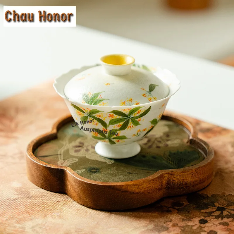 100ml Hand-painted Osmanthus Flowers Gaiwan Retro Tea Tureen Tea Bowl with Lid Kit Tea Maker Cover Bowl Kung Fu Tea Set supplies