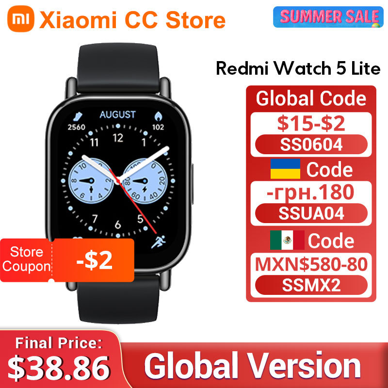Global Version Xiaomi Redmi Watch 5 Lite 1.96'' AMOLED display 18-Day life Built-in GNSS Bluetooth® calling 5ATM