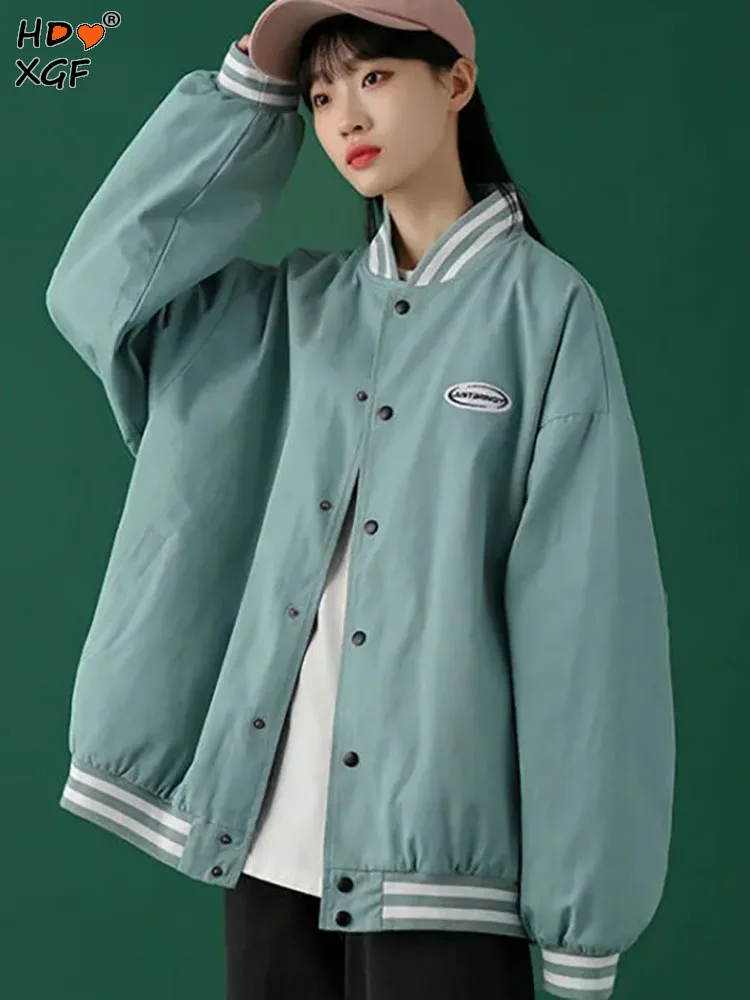 

Korean Round Neck Single Breasted Stripes Soild Color Student Baseball Uniform Spring Womens Loose Street Simple Baseball Jacket