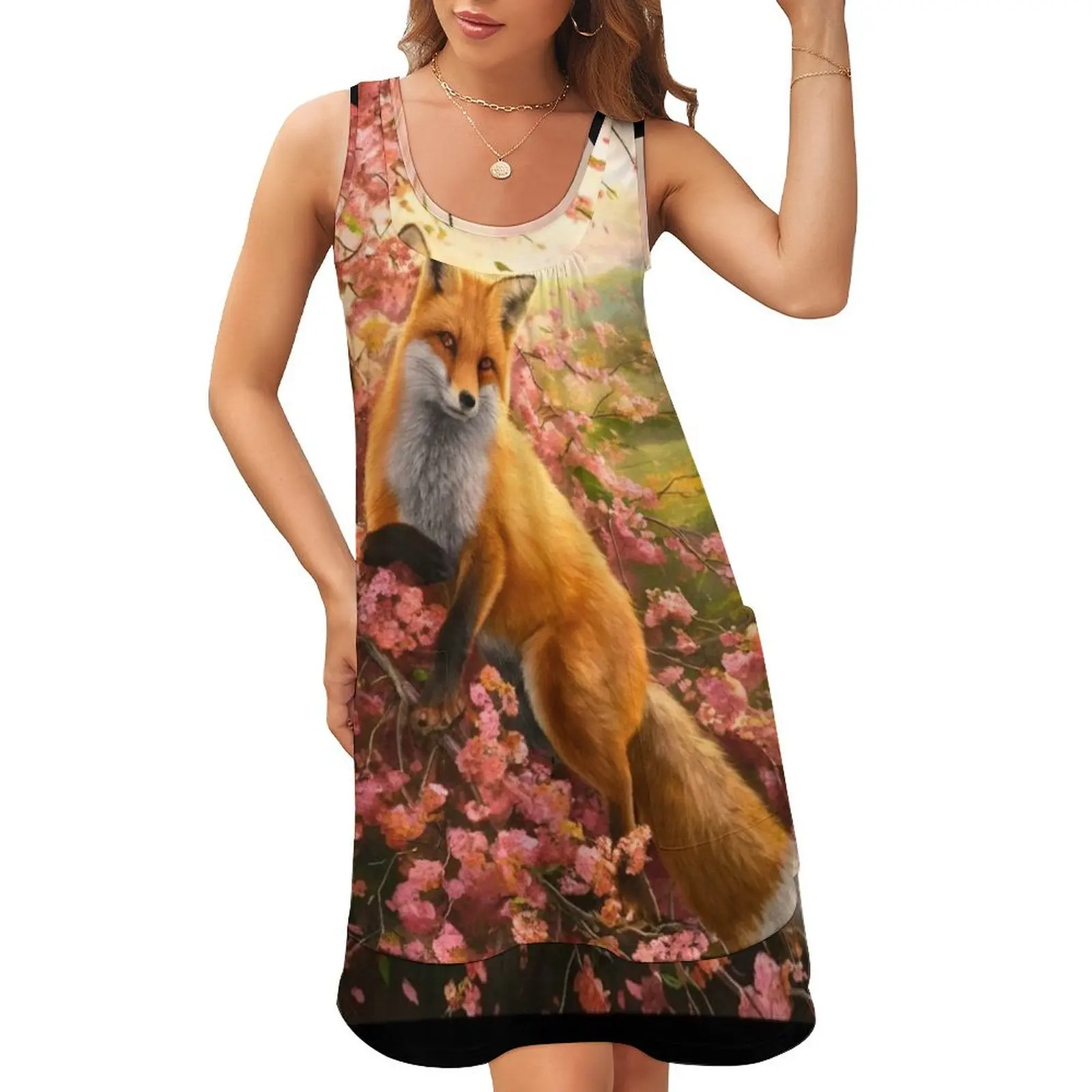 

Fox Portrait. Fox with cherry blossom, floral fox, fox painting, Raphael style Sleeveless U-Neck Fake Two Piece Dress
