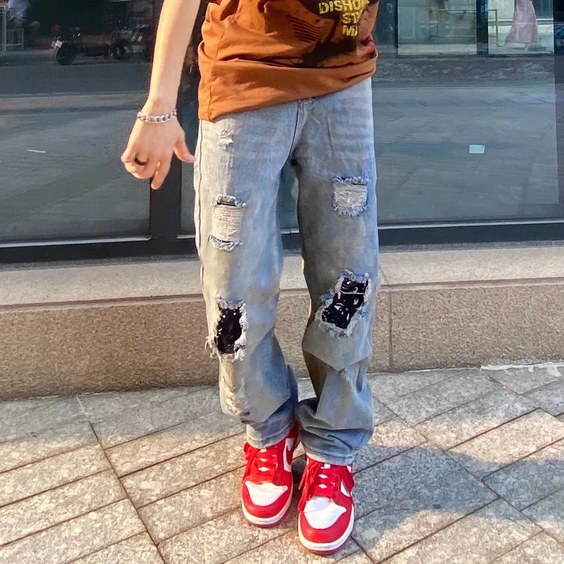 2022 High Street Cashew Patch Retro Washed Baggy Men Jeans Pants Hole Ripped Distressed Straight Hip Hop Denim Trousers Vaqueros