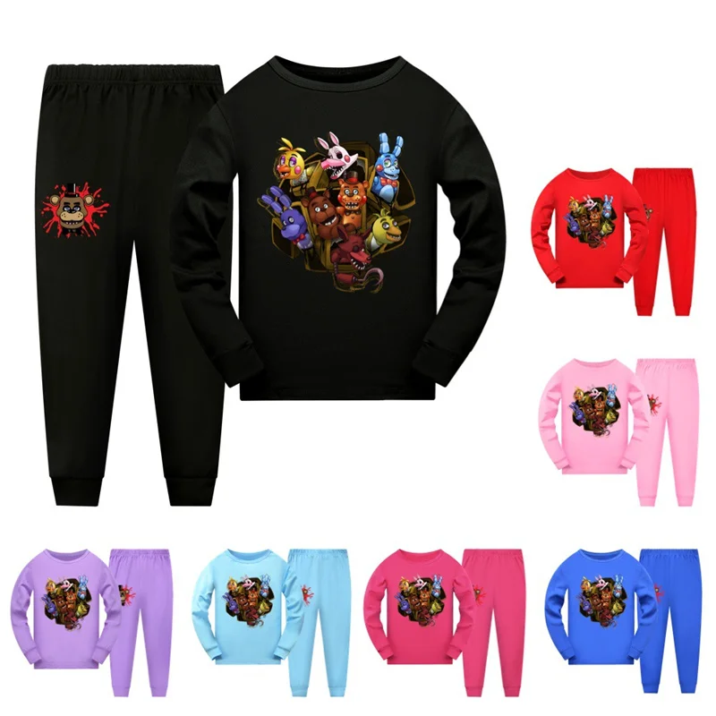 Fnaf Boys Clothes Set Five Nights Freddyed Cartoon Print Girls Suits Primavera Autunno Tshirt A Maniche Lunghe + Trorsers Costume Per Bambini