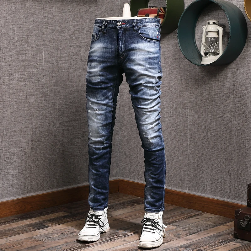Streetwear Fashion Men Jeans High Quality Retro Black Blue Elastic Slim Fit Ripped Jeans Men Vintage Designer Brand Pants Hombre