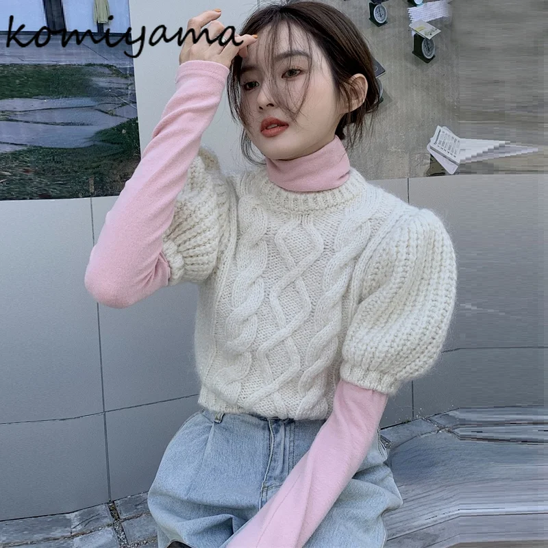 Komiyama Cute Puff Sleeve Design Sweater Women O Neck Chic Twist Knit  Patchwork Sweaters Elegant Fashion Simple Pullover Tops - AliExpress