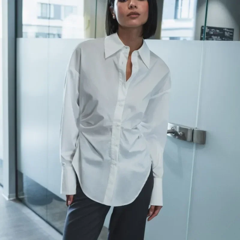 

Office Lady Y2K Chic Long Sleeve Turn Down Collar Single Breasted Corset Slim Fit Blouse T-shirt Elegant Autumn Women Shirt Top