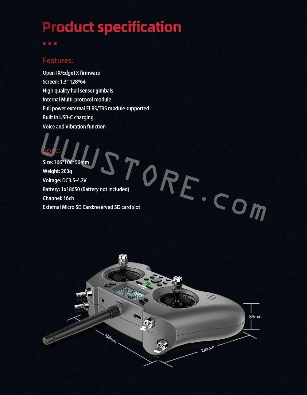 Jumper T-Lite V2 Transmitter - 2.4GHz 16CH Hall Sensor Gimbals Built-in ELRS/ JP4IN1 Multi-protocol OpenTX Transmitter for RC Drone Airplane FPV Remote Controller 16 Jumper T-Lite V2 Transmitter, 166*106* Weight: 203g Voltage: DC3.5-4.2V Battery