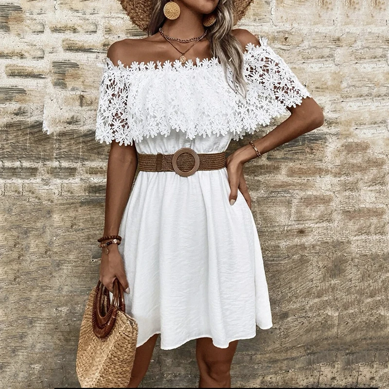 

Elegant Lace Hollow Out Flower One Shoulder Women Dress Ruched Short Sleeve Waist with Belt A-Line Skirt Causal Dress Vestidos