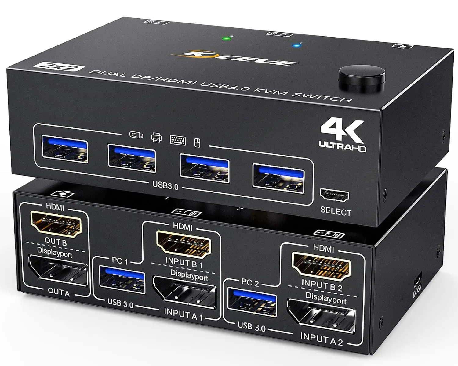 2024 New Kceve USB 3.0 Dual Monitor KVM Switch HDMI Displayport，KVM Switch for 2 Computer Share 2 Display and 4 USB3.0 Devices