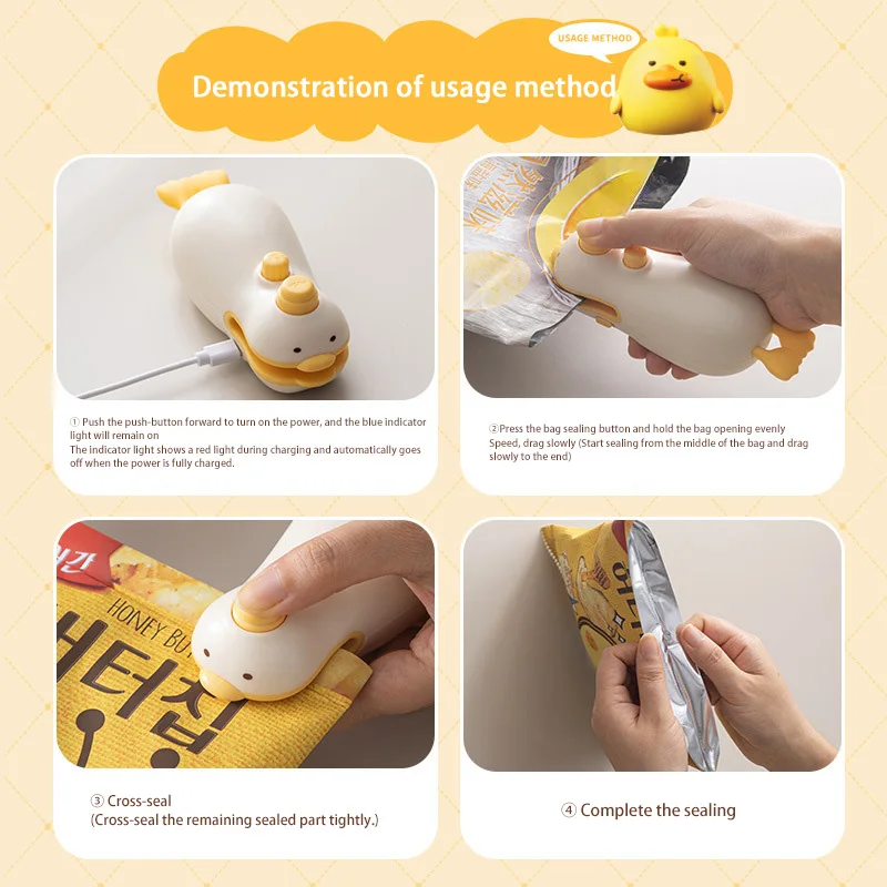 New Cute Duck Handheld Vacuum Sealer Magnetic Bag Sealer Rechargeable Portable Easy Use For Freshness 2 in 1 Mini Rechargeable 4