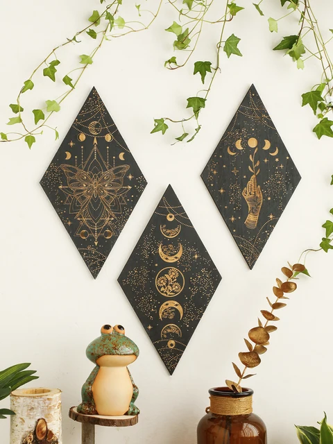 Black Moon Phase Wooden Wall Decor Rhomboid Witch Wall Hanging Decor Wall Art Boho Home Decoration Room Decors Aesthetic Gift