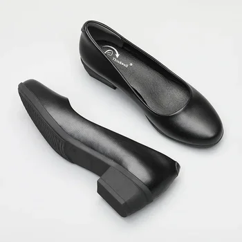 Leather PU Women's Work Shoes Pumps Thick Heel Round Head Shoes Soft Sole Professional Non-slip Hotel Work Autumn Footwear2024 1