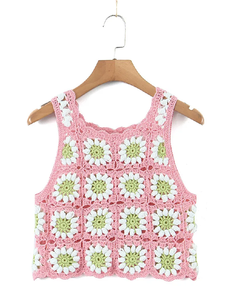 Top corto de ganchillo a cuadros para mujer, Top sin mangas