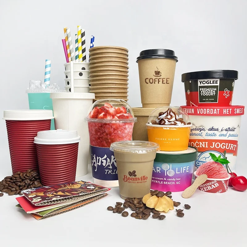 Custom  Ice cream packaging cup biodegradable icecream coffee disposable paper coffee cardboard takeaway cups