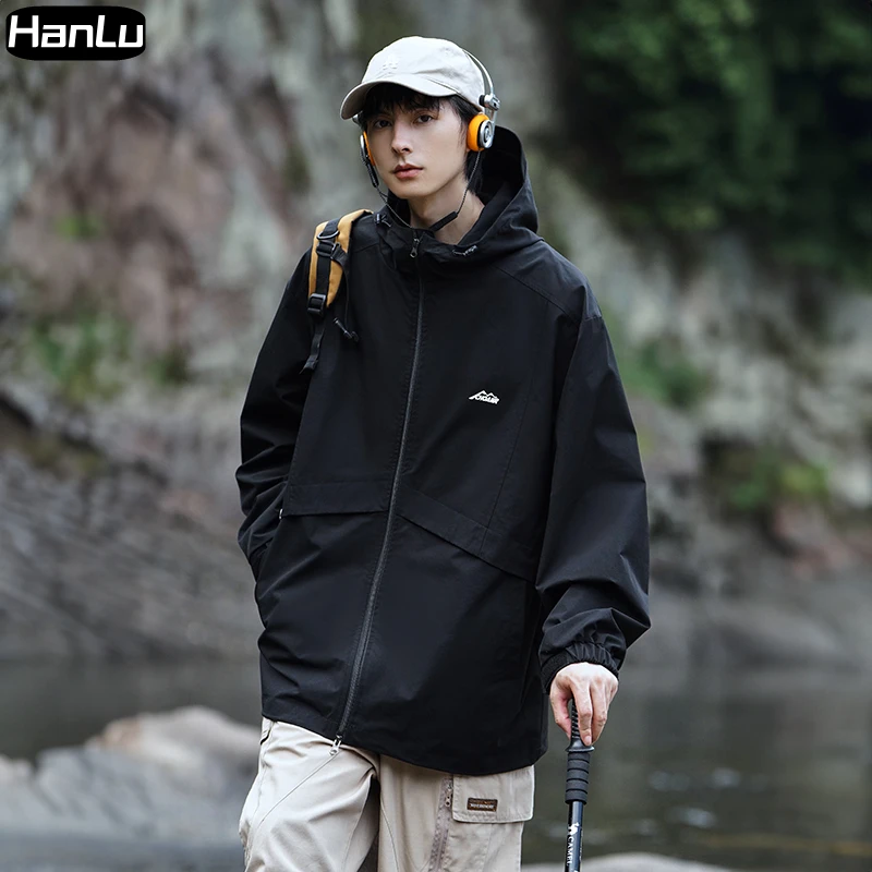 Men's Autumn and Winter New Casual Windproof Hooded Jacket Couple Outdoor Splicing Design Solid Color Men's Zipper Coat