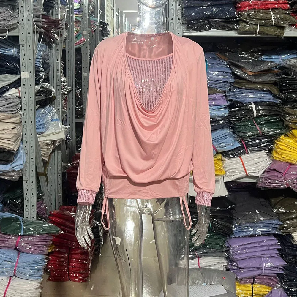 Sequined Patchwork Long Sleeve Loose Fit Women Tshirt